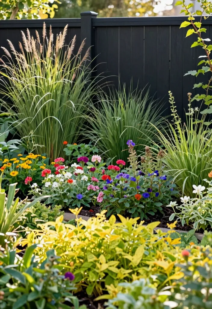 14 Black Fence Garden Ideas That Add Drama Without Overwhelming Plants - 1. Layered Greenery 1