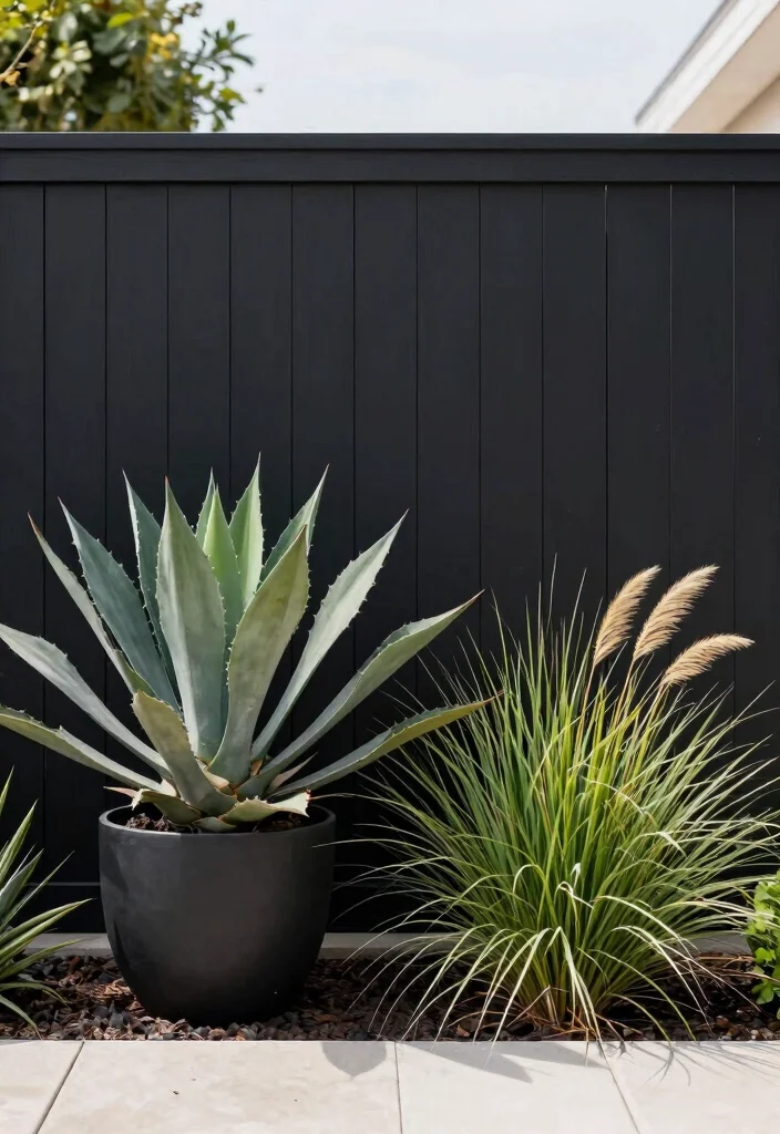 14 Black Fence Garden Ideas That Add Drama Without Overwhelming Plants - 3. Minimalist Plant Selection 1