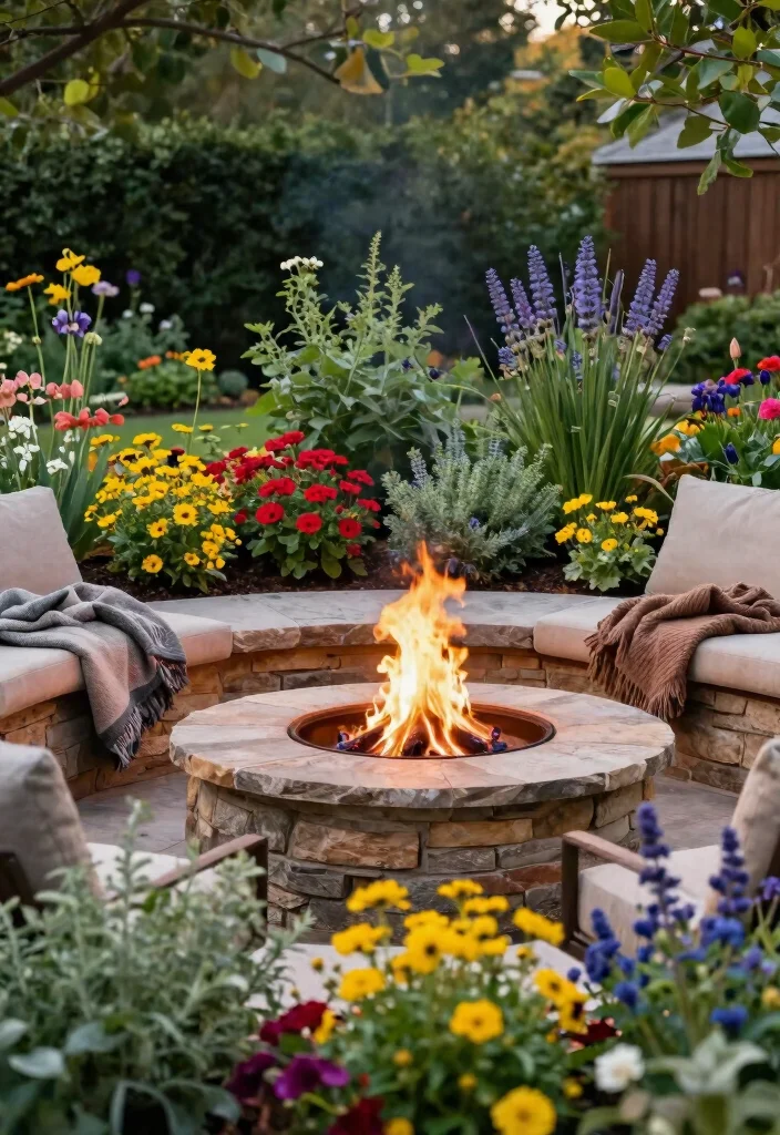 14 Fire Pit Garden Ideas That Keep Smoke Away From the House - 13. Seasonal Planting Around Fire Pit 1