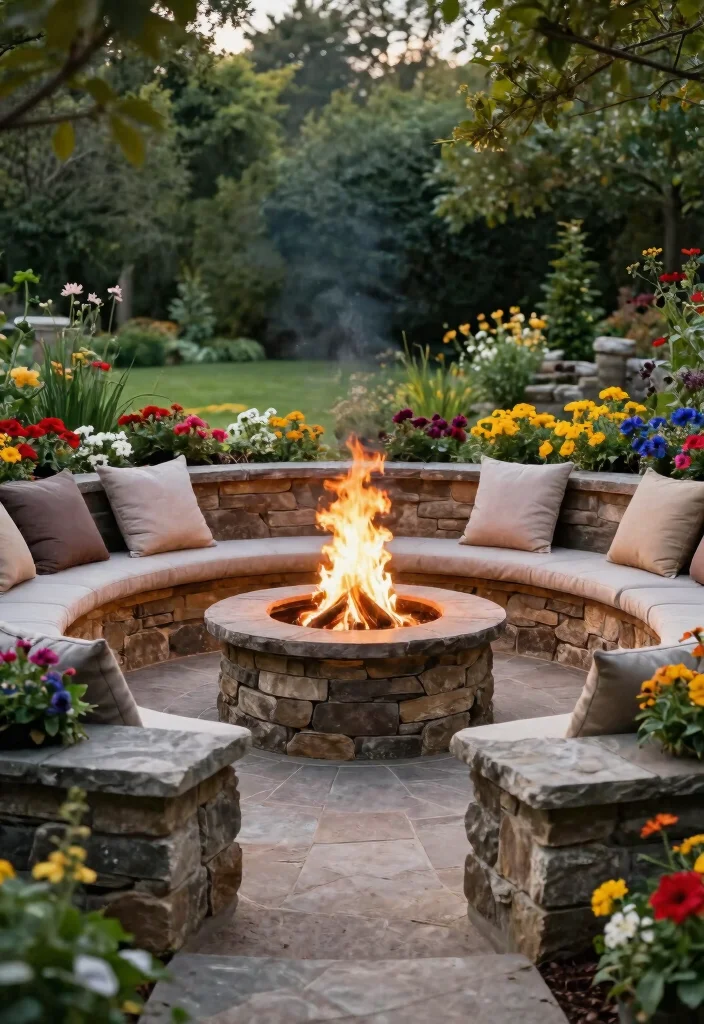 14 Fire Pit Garden Ideas That Keep Smoke Away From the House - 8. Fire Pit Surrounded by Low Walls 1