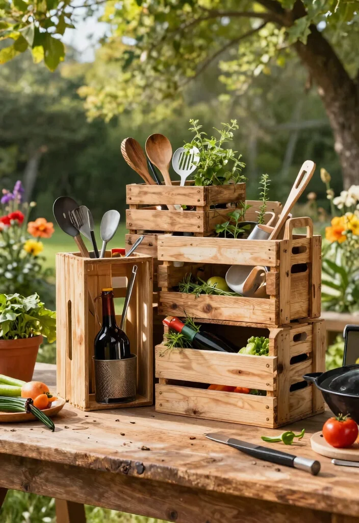 14 IKEA Outdoor Kitchen Ideas That Cost Under $1 - 3. Upcycled Wine Crates for Storage 1