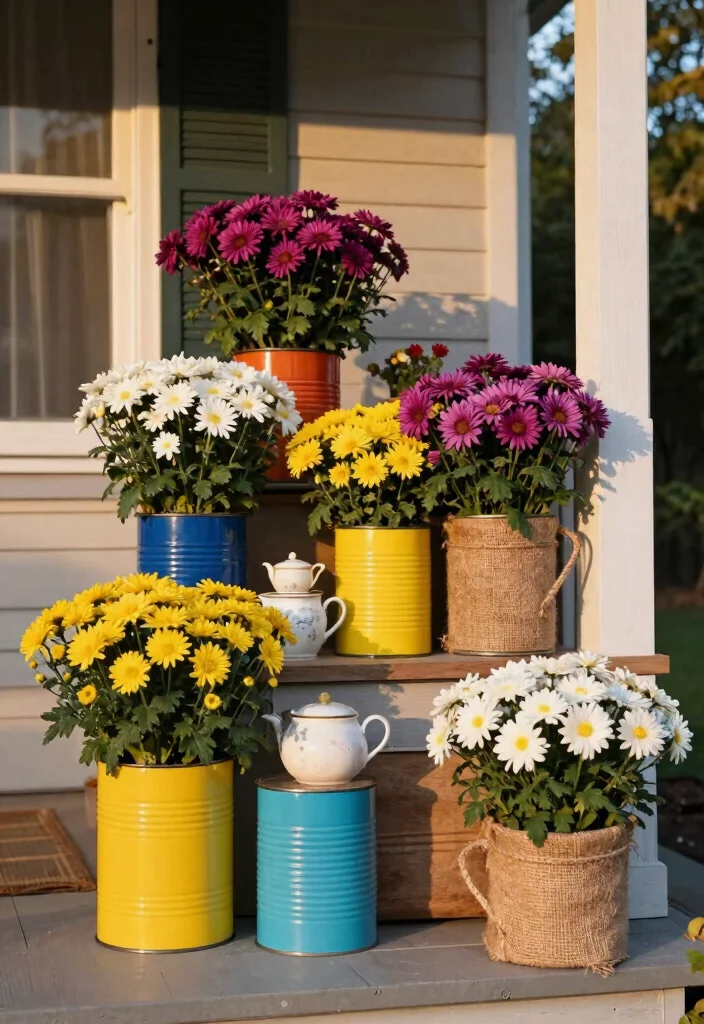 14 Mums Flowers Front Porch Ideas for Bold Fall Color - 11. Mums in Unique Containers 1