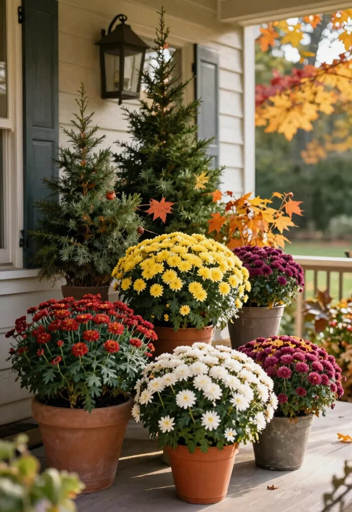 14 Mums Flowers Front Porch Ideas for Bold Fall Color - 12. Seasonal Layering with Foliage 1