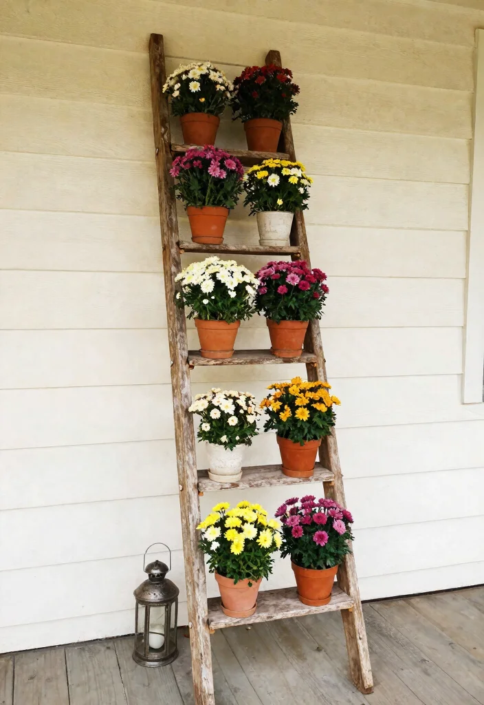 14 Mums Flowers Front Porch Ideas for Bold Fall Color - 13. Mums on a Rustic Ladder 1