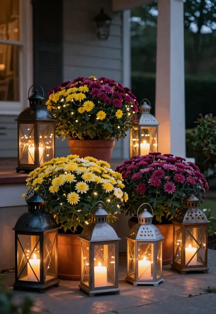 14 Mums Flowers Front Porch Ideas for Bold Fall Color - 14. Lanterns and Mums Combo 1