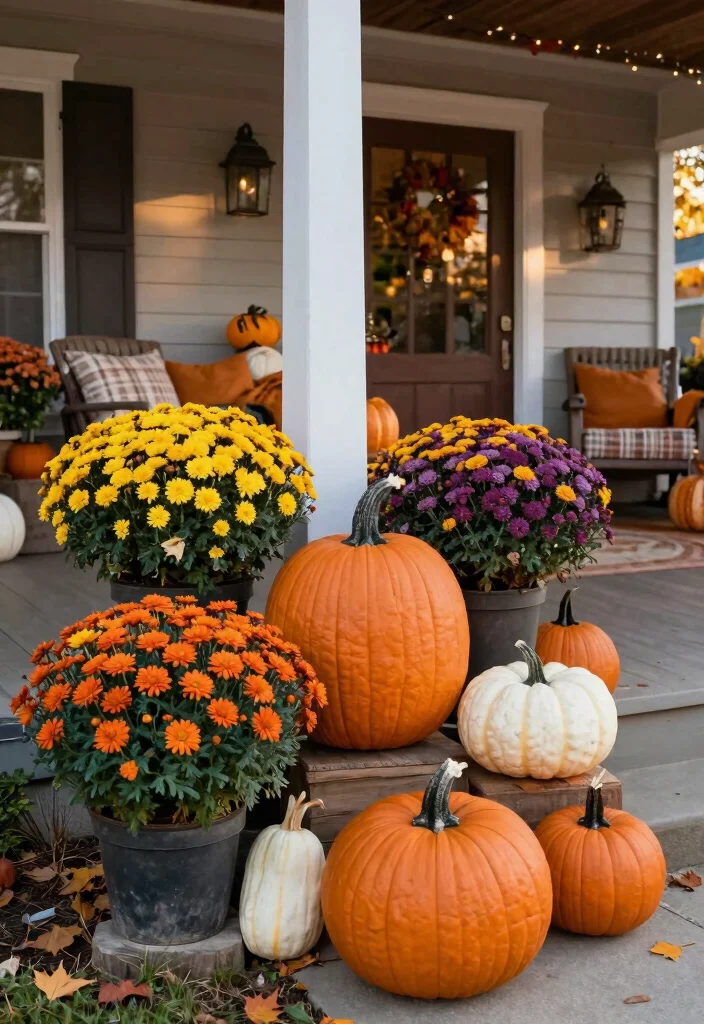 14 Mums Flowers Front Porch Ideas for Bold Fall Color - 2. Mums with Pumpkins 1