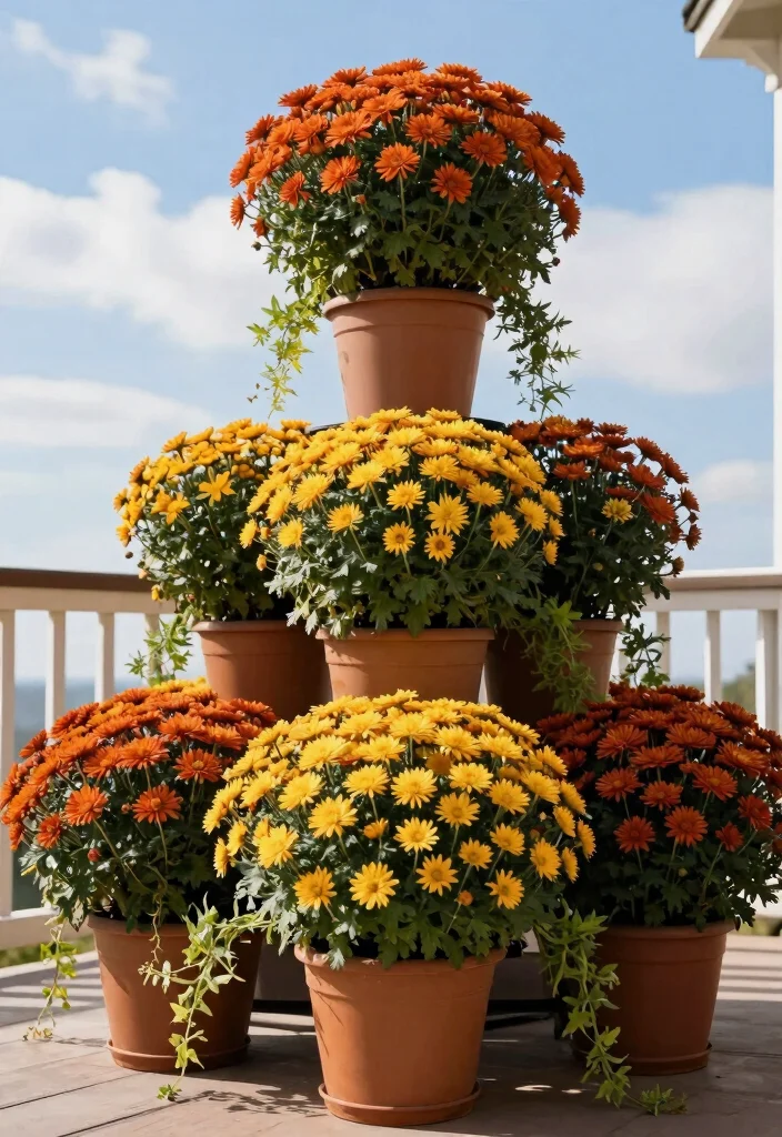 14 Mums Flowers Front Porch Ideas for Bold Fall Color - 3. Tiered Planter Display 1