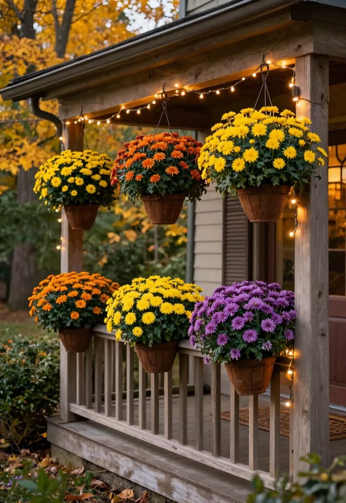 14 Mums Flowers Front Porch Ideas for Bold Fall Color - 4. Hanging Mums Baskets 1