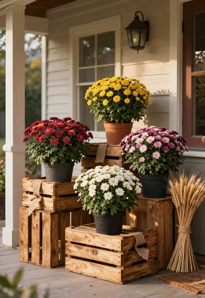14 Mums Flowers Front Porch Ideas for Bold Fall Color - 5. Rustic Wooden Crate Display 1