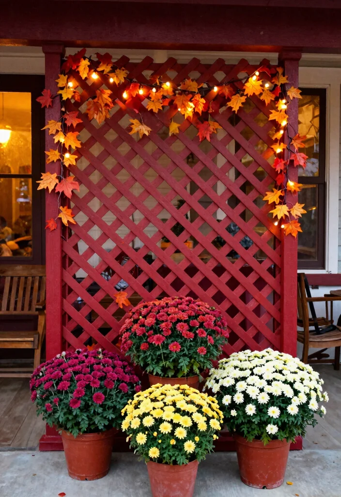 14 Mums Flowers Front Porch Ideas for Bold Fall Color - 8. Seasonal Lattice Backdrop 1