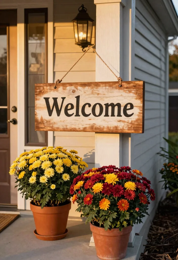 14 Mums Flowers Front Porch Ideas for Bold Fall Color - 9. Personalized Welcome Sign 1