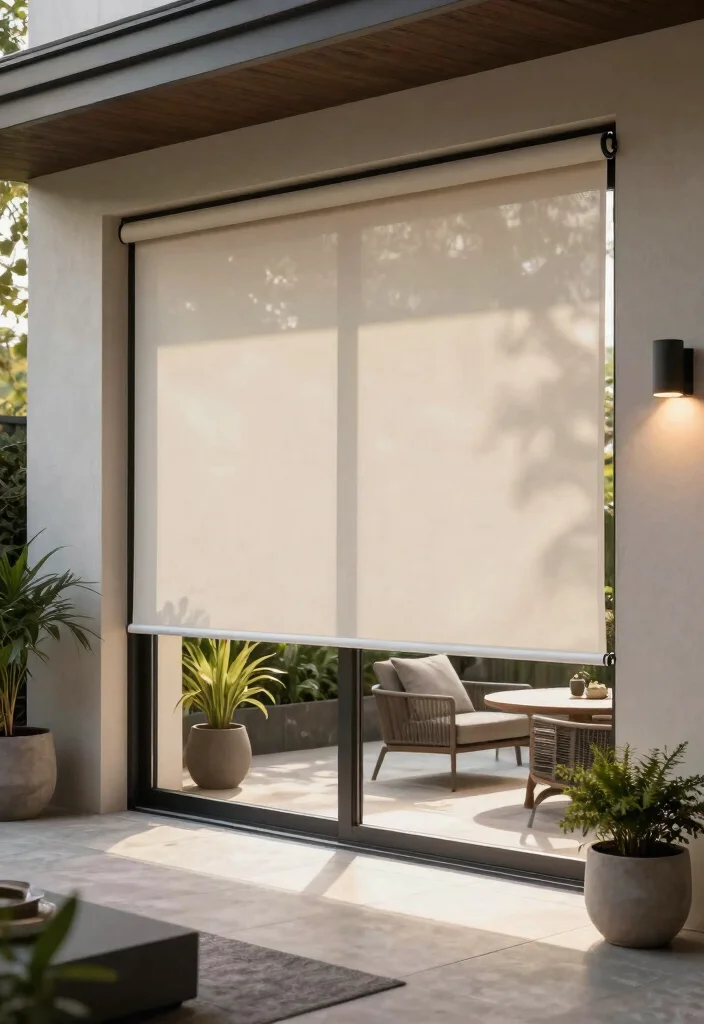 14 Patio Door Curtain Ideas That Block Heat Without Permanent Hardware - 4. Outdoor Roller Shades for Modern Elegance 1