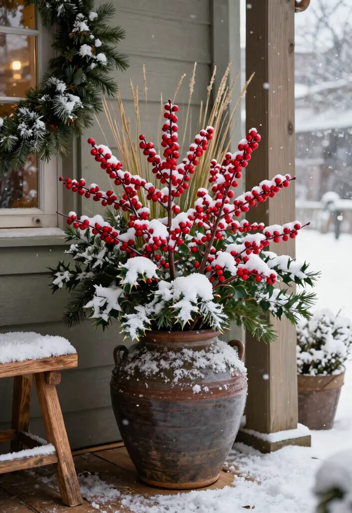 14 Winter Porch Pots That Survive Freeze Without Cracking - 2. Winter Wonderland with Berries 1