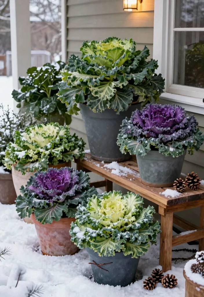 14 Winter Porch Pots That Survive Freeze Without Cracking - 6. Striking Cabbage and Kale 1