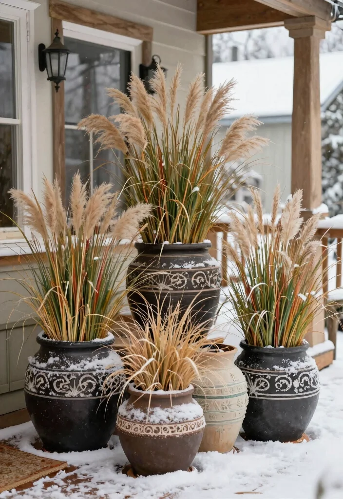 14 Winter Porch Pots That Survive Freeze Without Cracking - 8. Beautifully Textured Grasses 1