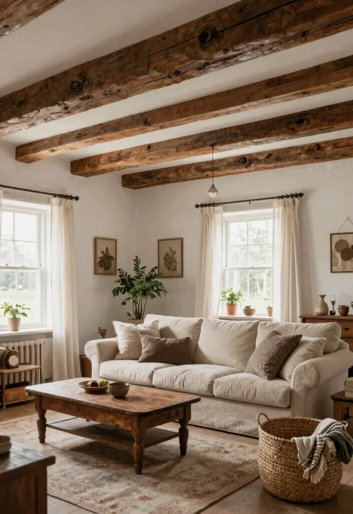 15 Ceiling Beams Living Room Ideas That Hide Ugly Ductwork - 1. Chunky Wooden Beams for a Farmhouse Vibe 1