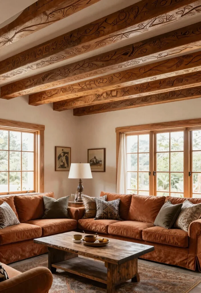 15 Ceiling Beams Living Room Ideas That Hide Ugly Ductwork - 12. Decorative Carved Beams 1