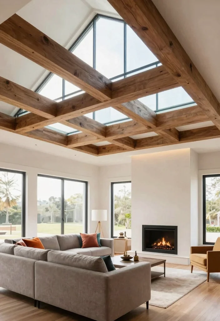 15 Ceiling Beams Living Room Ideas That Hide Ugly Ductwork - 13. Beams with Glass Inserts 1