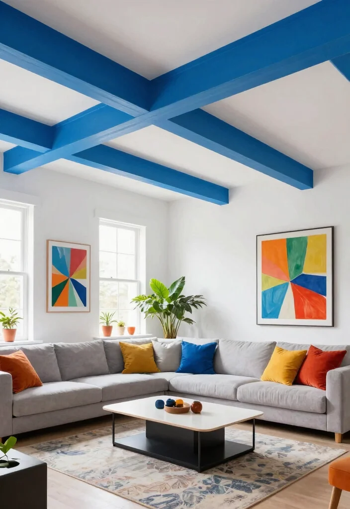 15 Ceiling Beams Living Room Ideas That Hide Ugly Ductwork - 2. Painted Beams for a Splash of Color 1