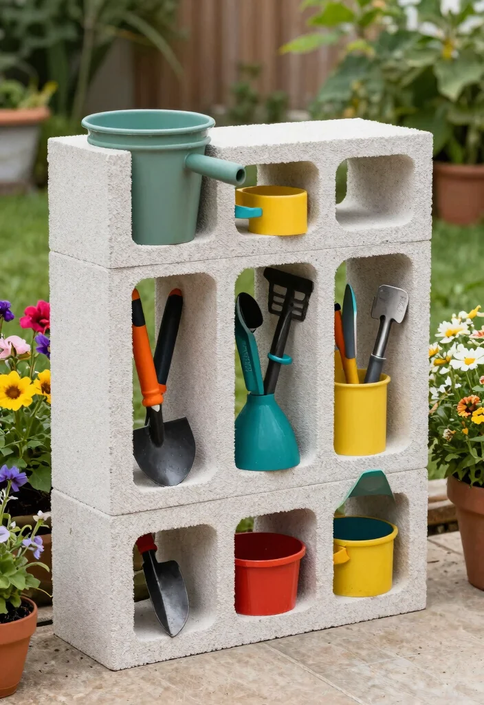 15 Cinderblock Raised Garden Bed Ideas That Cost Under $50 - 15. Cinderblock Tool Rack 1