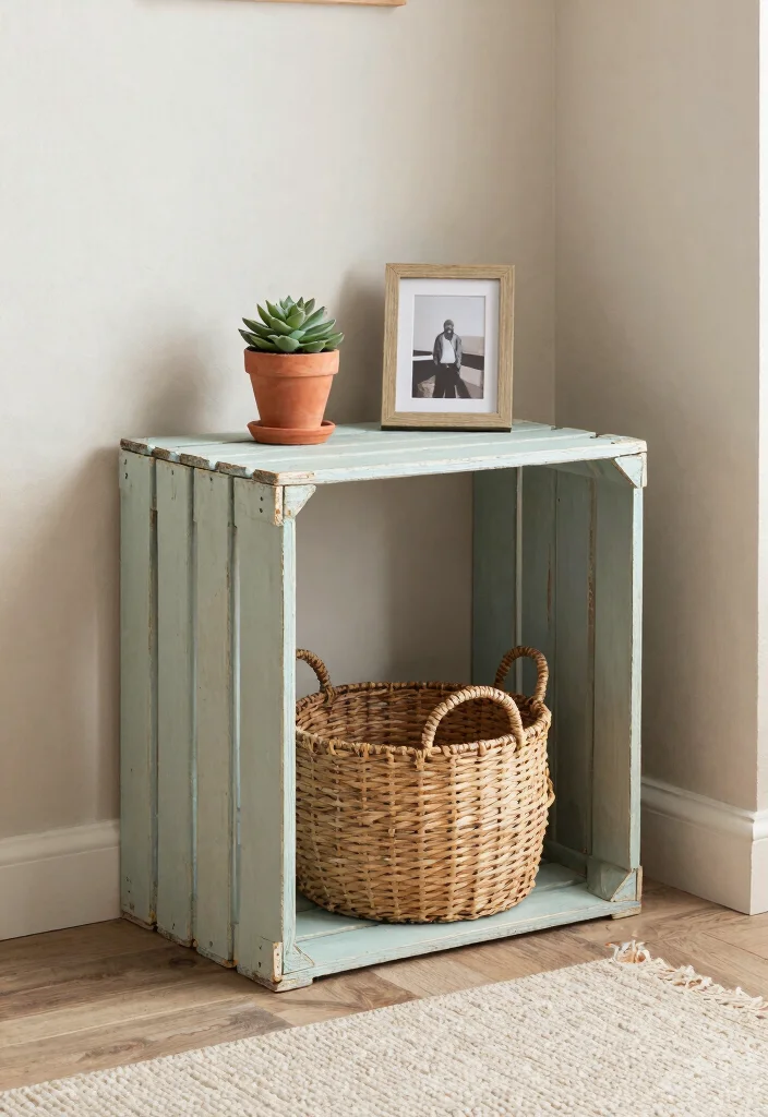 15 Farmhouse Entry Table Ideas That Fit Narrow Hallways and Small Foyers - 1. Vintage Crate Entry Table 1