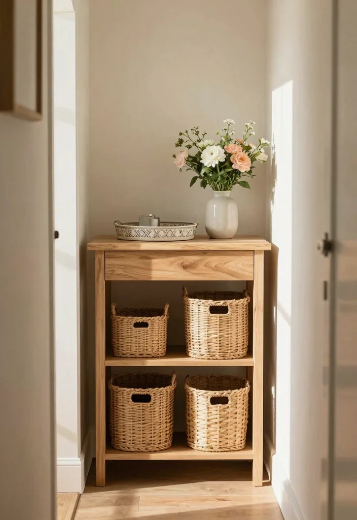 15 Farmhouse Entry Table Ideas That Fit Narrow Hallways and Small Foyers - 10. Narrow Table with Baskets 1