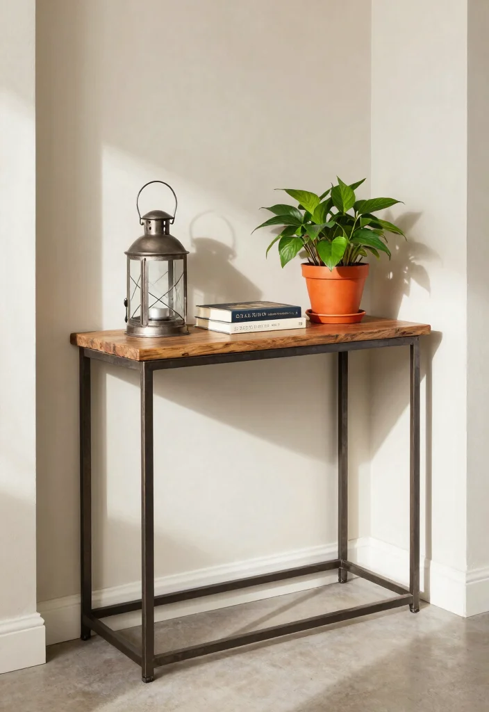 15 Farmhouse Entry Table Ideas That Fit Narrow Hallways and Small Foyers - 11. Industrial Style Entry Table 1