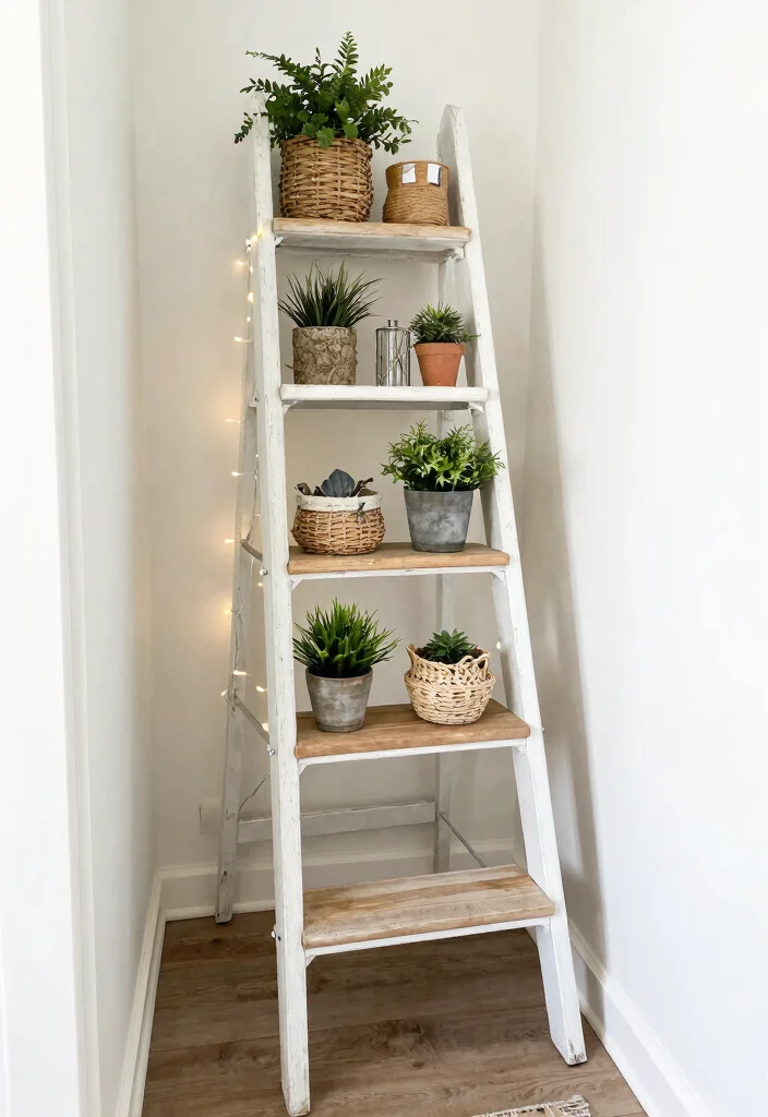 15 Farmhouse Entry Table Ideas That Fit Narrow Hallways and Small Foyers - 3. Rustic Ladder Table 1