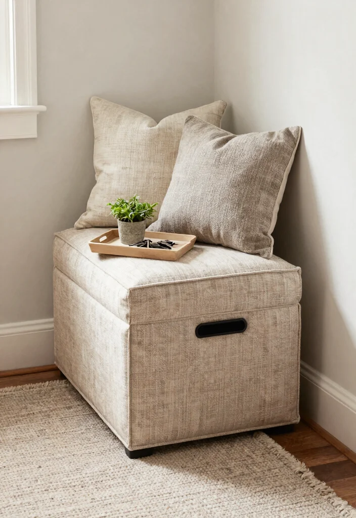 15 Farmhouse Entry Table Ideas That Fit Narrow Hallways and Small Foyers - 8. Decorative Storage Ottoman 1