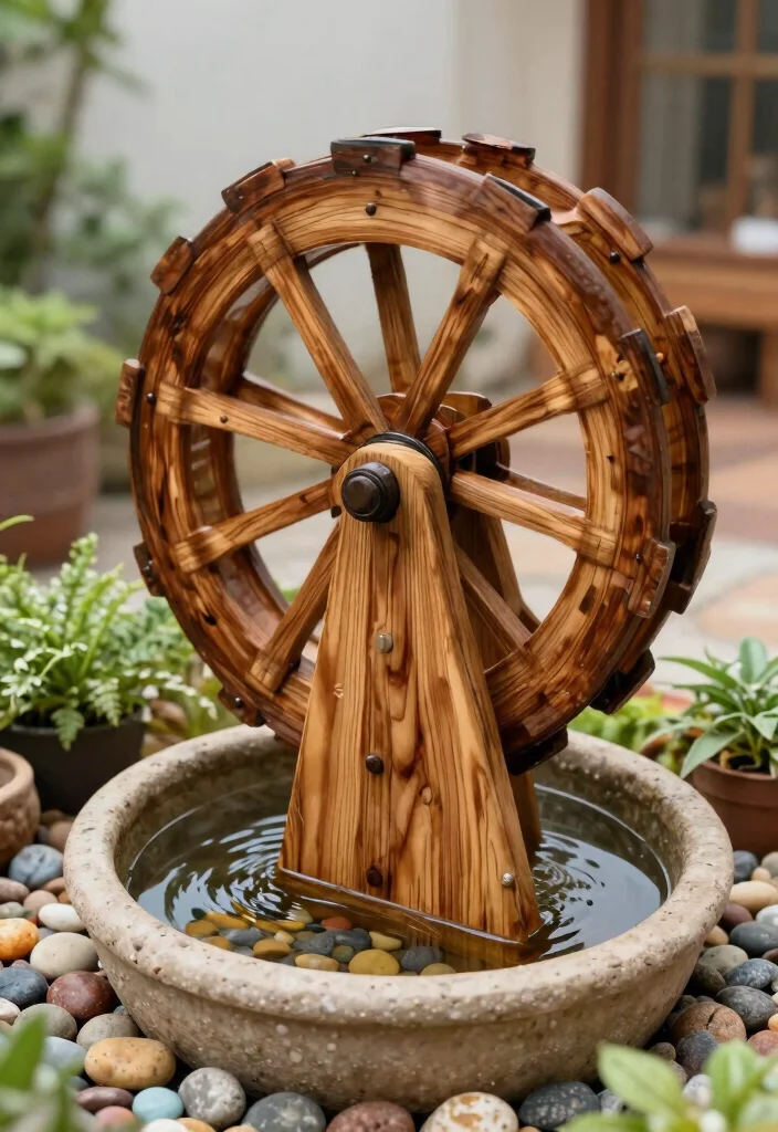 15 Patio Water Feature Ideas That Don't Need Buried Plumbing - 10. Mini Water Wheel 1