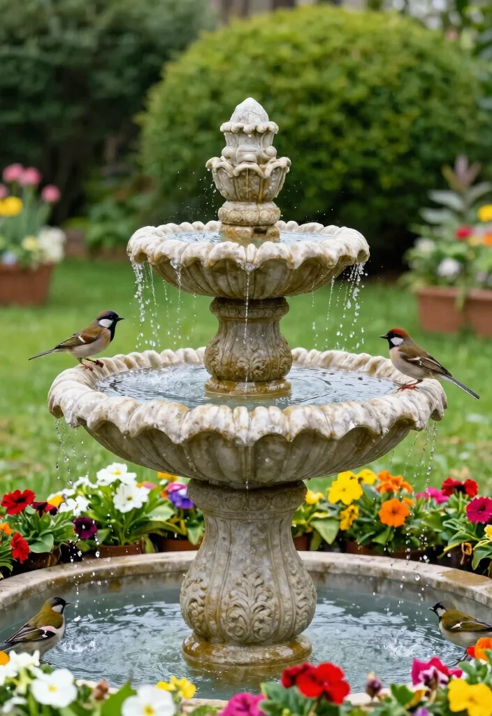 15 Patio Water Feature Ideas That Don't Need Buried Plumbing - 11. Decorative Bird Bath Fountain 1
