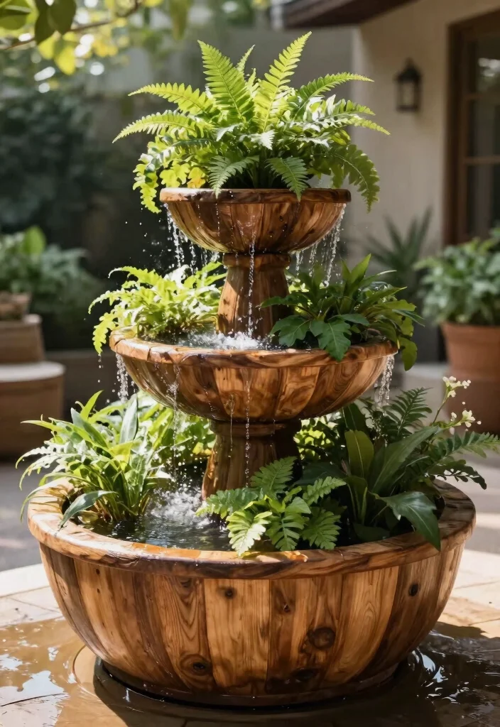 15 Patio Water Feature Ideas That Don't Need Buried Plumbing - 5. Tiered Planters with Water Element 1