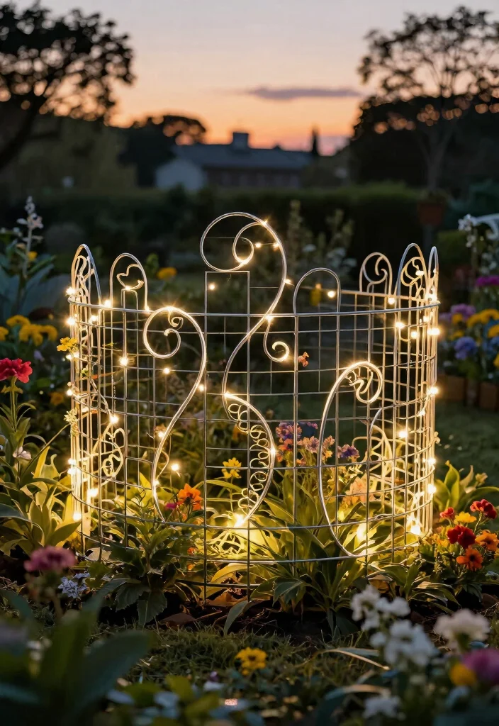 15 Wire Fence Ideas That Keep Animals Out Without Blocking Views - 9. Artistic Wire Designs with Light Features 1