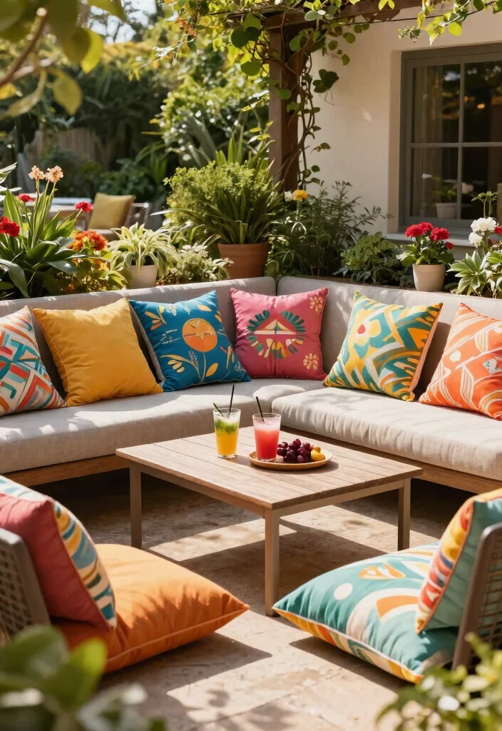 18 Colorful Patio Decor Ideas That Don't Fade in Full Sun - 10. Colorful Outdoor Cushions 1