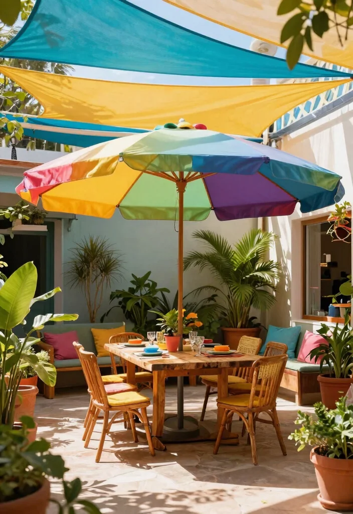 18 Colorful Patio Decor Ideas That Don't Fade in Full Sun - 15. Brightly Colored Shade Structures 1