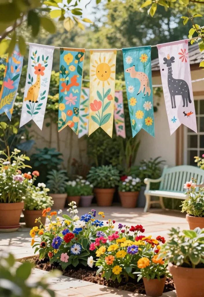 18 Colorful Patio Decor Ideas That Don't Fade in Full Sun - 9. Playful Garden Flags 1