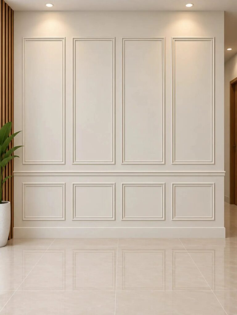 White wall with decorative rectangular molding panels and a horizontal chair rail divider.