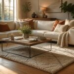 Cozy living room with warm golden light and a vintage rug