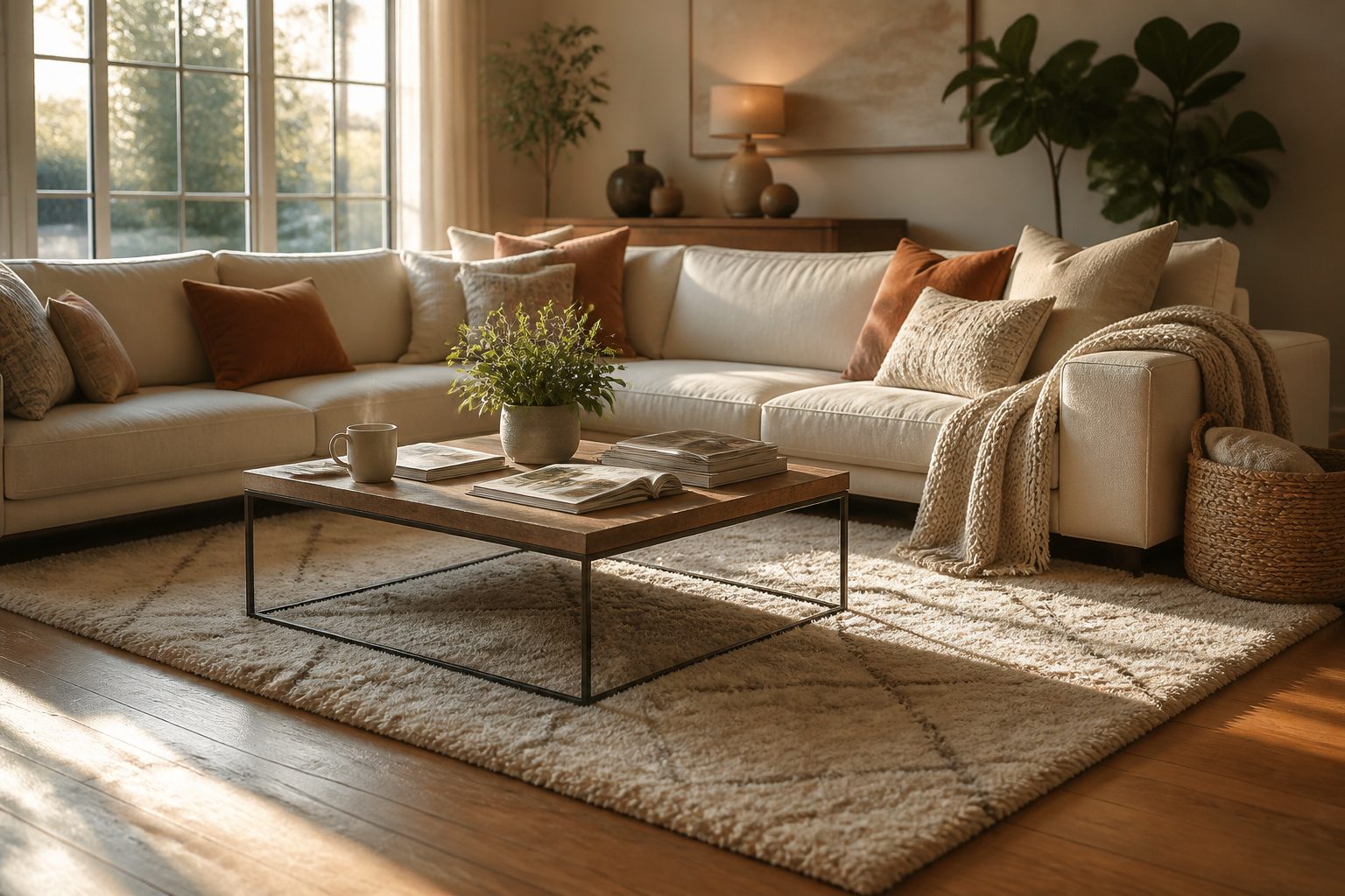 Cozy living room with warm golden light and a vintage rug