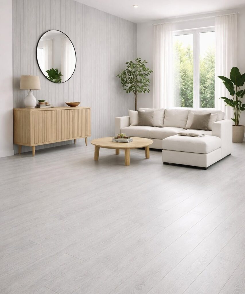 Light grey wood-look plank flooring in a bright, modern living room with white furniture.