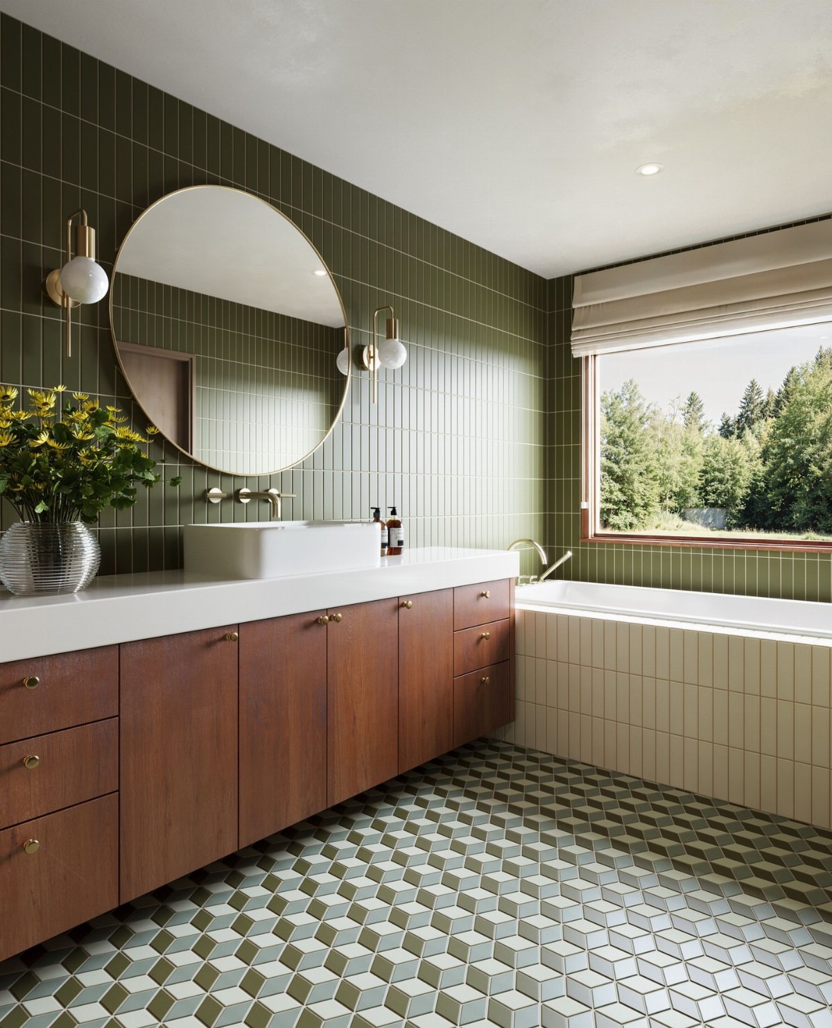 Geometric green and white patterned tiles cover the floor of a modern bathroom.