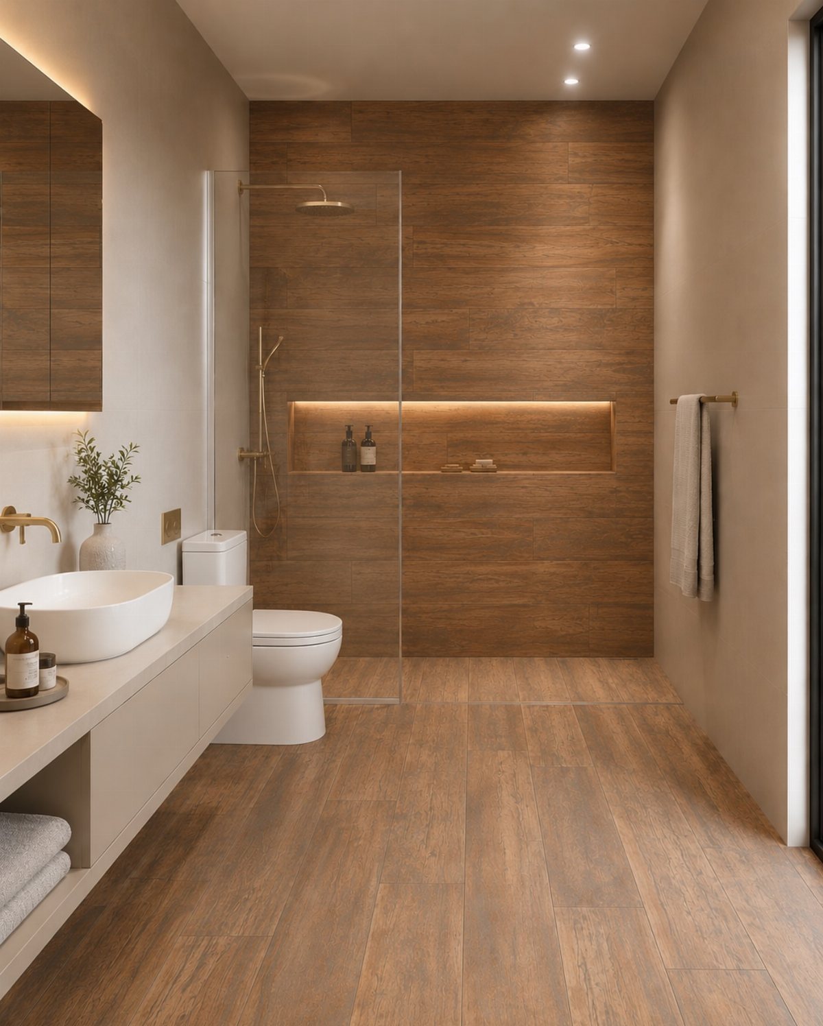Wood-look porcelain tiles covering the floor and shower walls in a modern bathroom.