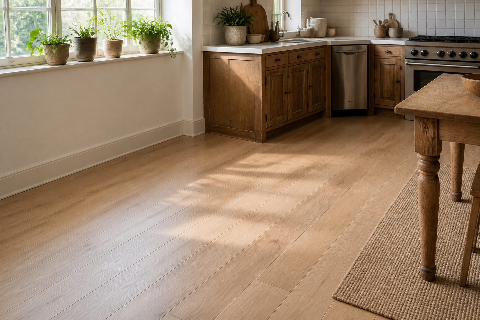 A workspace with vinyl planks, tools, and an open doorway.