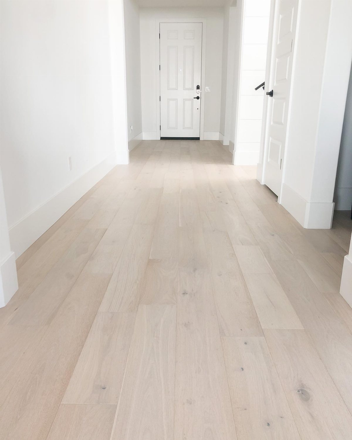 Light wide plank French oak flooring running through a bright white hallway toward a door.