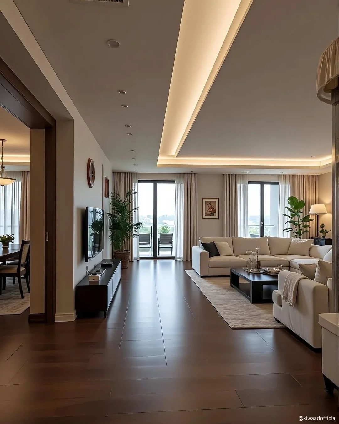 Dark wooden plank flooring stretching across a modern, brightly lit living room with white furniture.