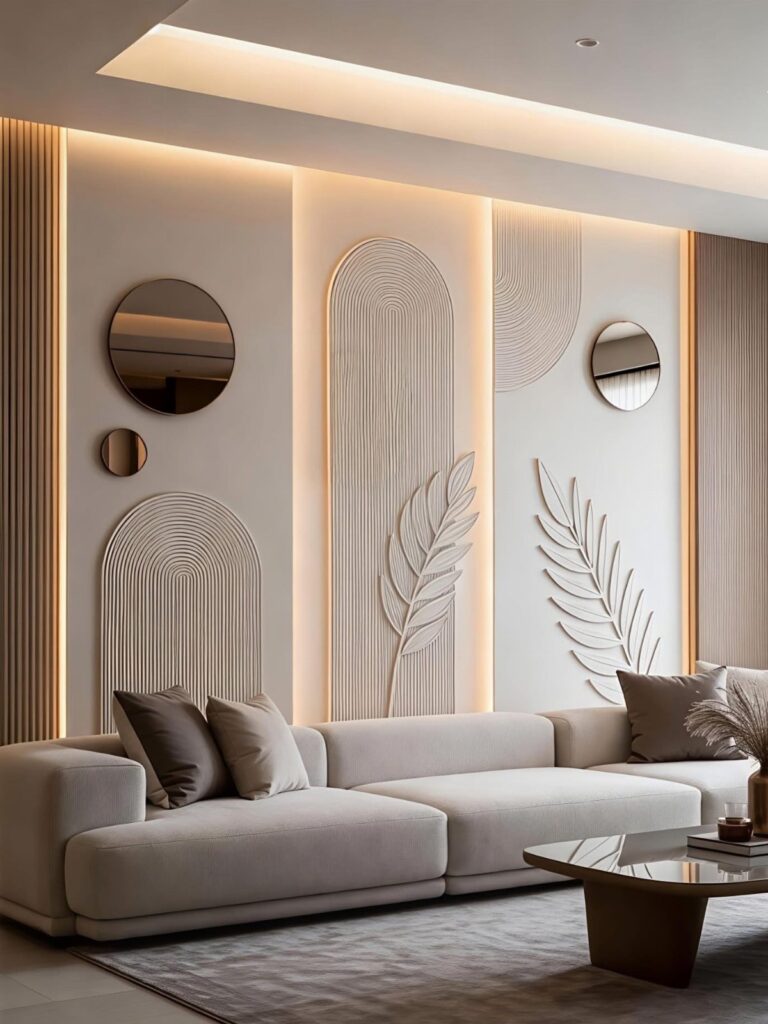 Decorative floor-to-ceiling textured wall panels with arched patterns and warm backlighting in a modern living room.