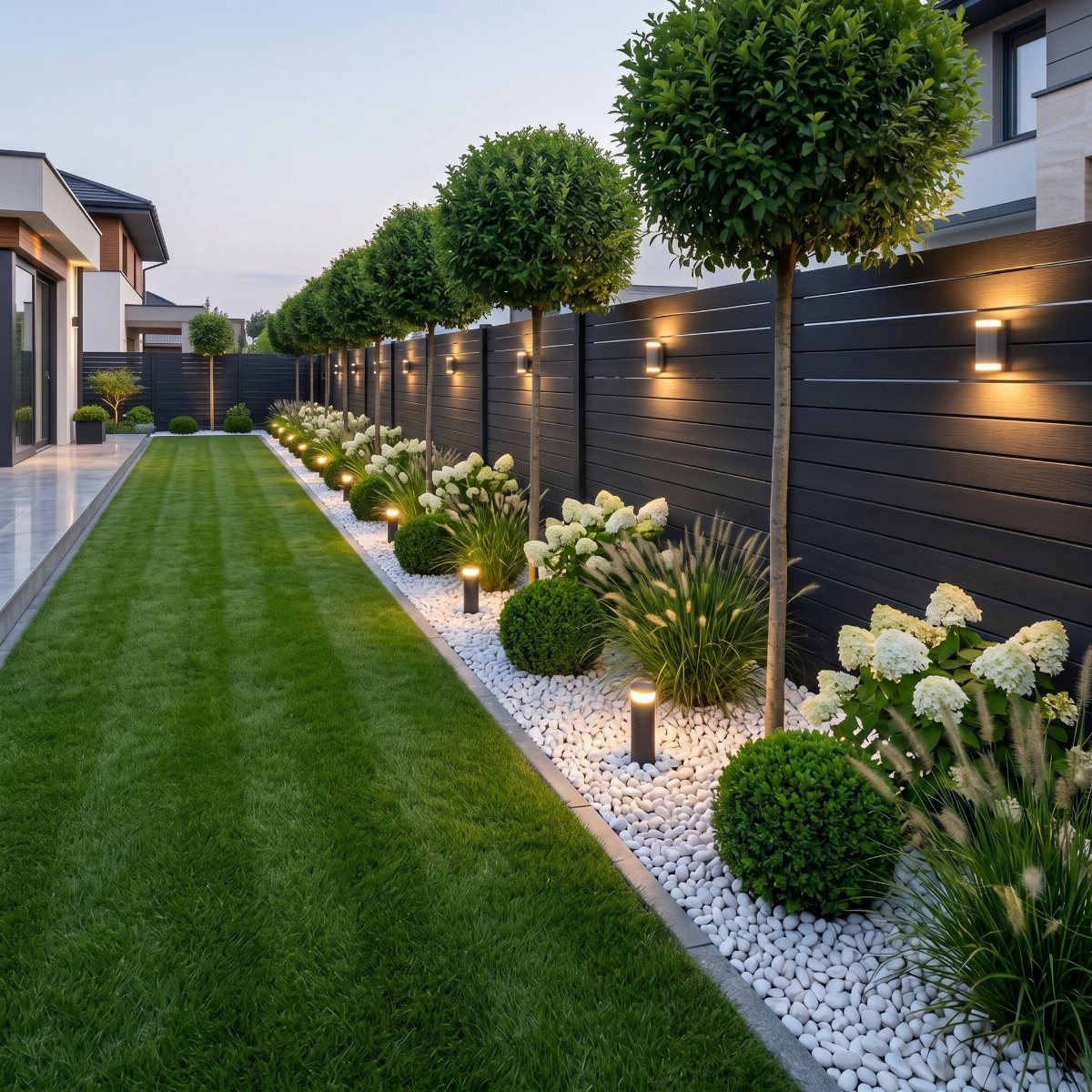 A dark slat privacy fence lined with white pebbles, shrubs, and spherical trees next to a lawn.