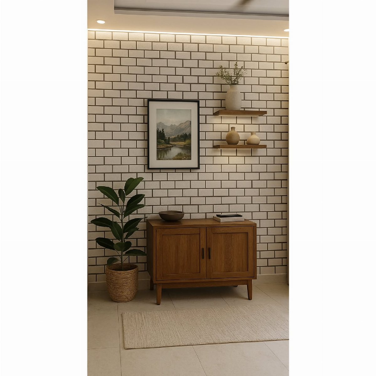 White brick-patterned tile wall decorated with a wooden sideboard, plant, and framed art.