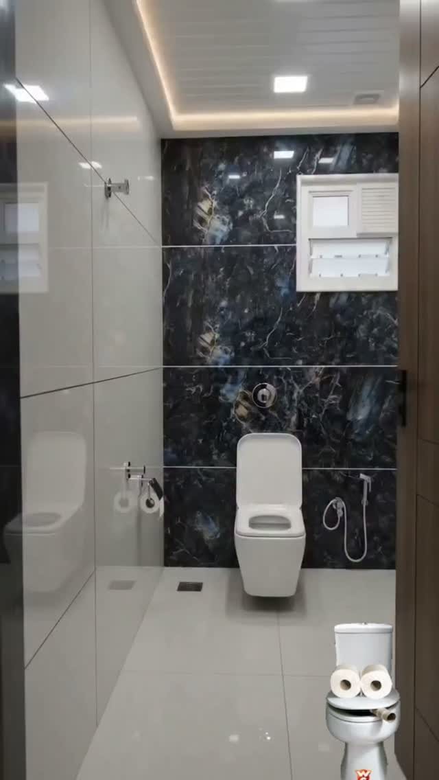 Dark marble-patterned tiles covering a bathroom accent wall behind a white toilet.