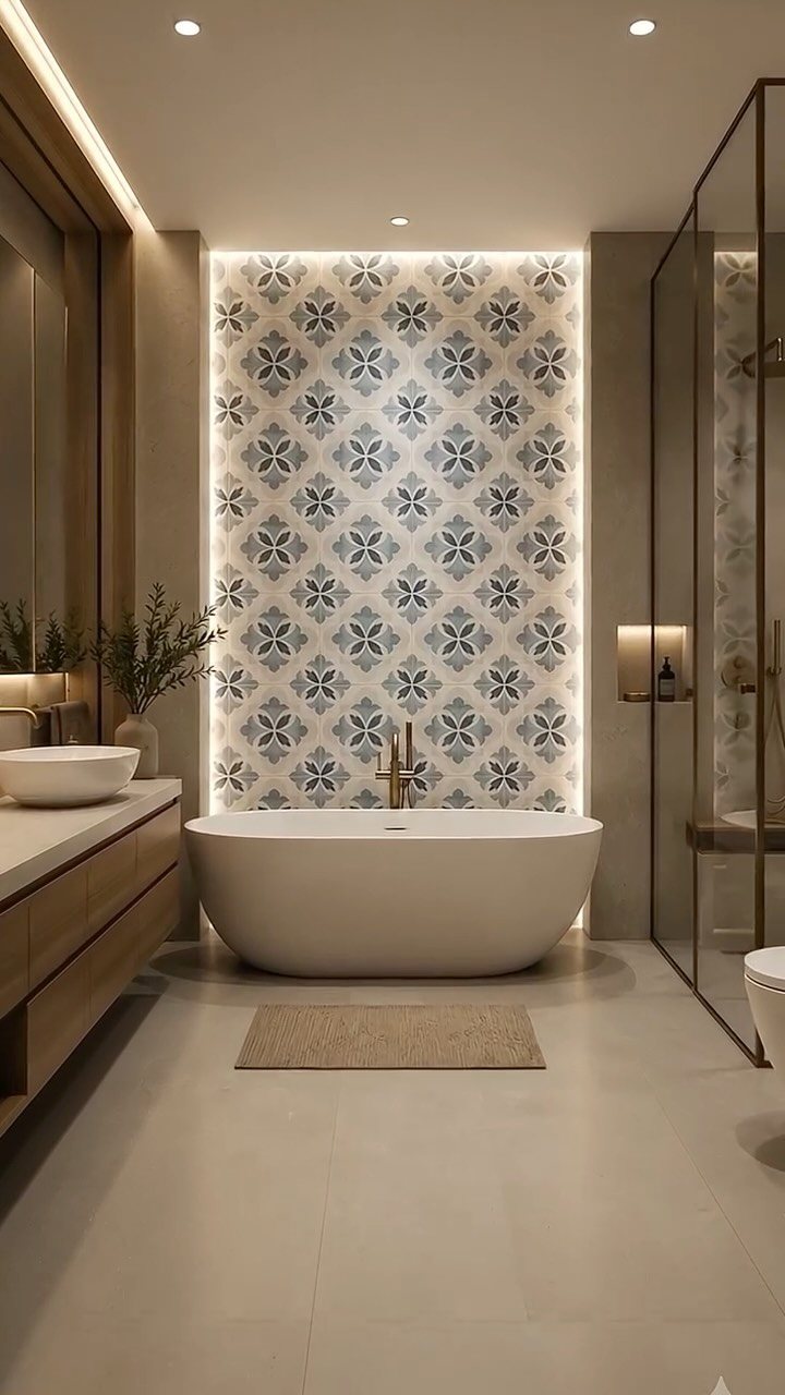 A white freestanding bathtub positioned in front of a backlit patterned tile accent wall.